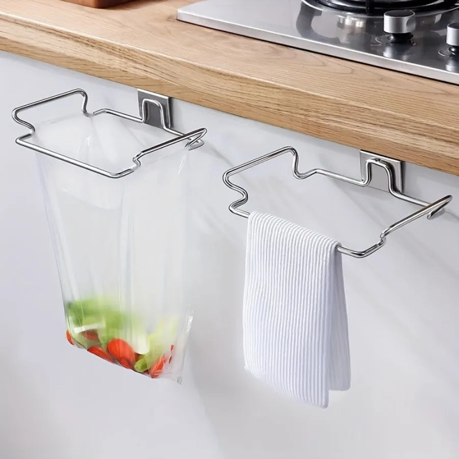 Stainless Steel Trash Bag Holder – Kitchen Cabinet Door Rack Kitchen Accessories,