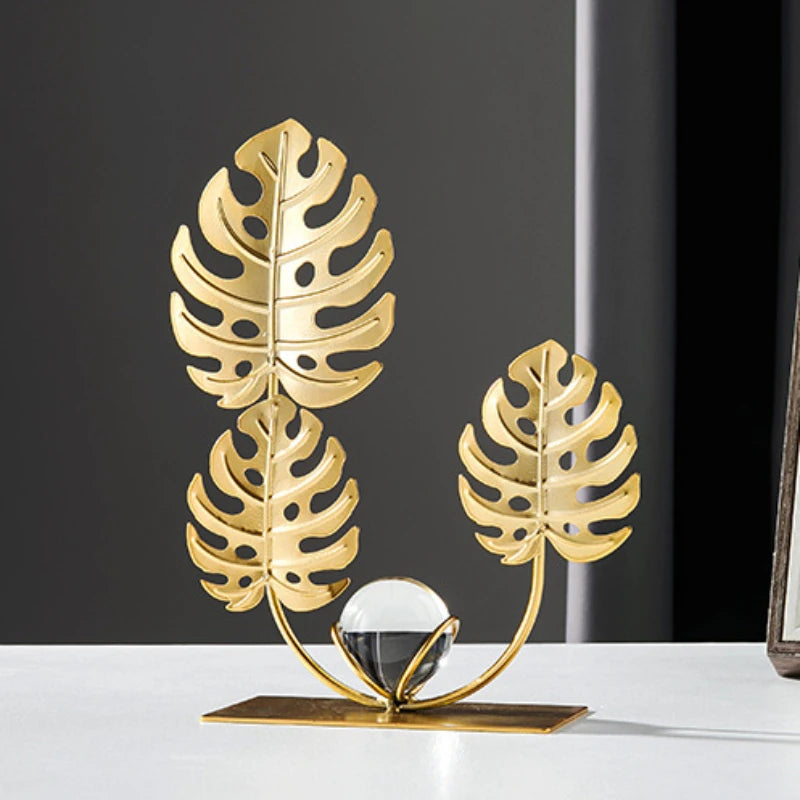 Gold Ginkgo Leaf Iron Crafts – Luxury Crystal Ball Ornaments for Living Room, TV Cabinet & Wine Cabinet Decoration