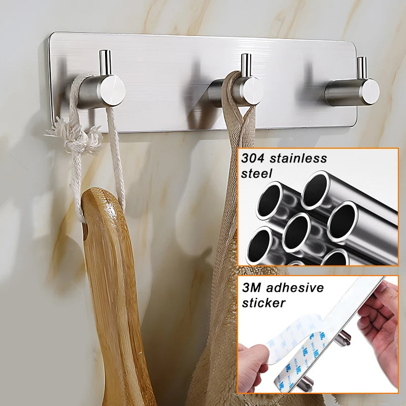 Stainless Steel Bathroom Hardware Set - Black & Silver Adhesive Towel, Clothes, and Robe Rack