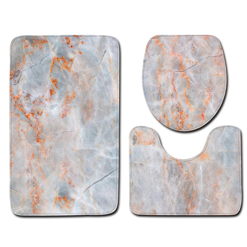 3PCS Marble Bath Mat Set – Anti-Slip Bathroom Rugs with Toilet Lid Cover & Pedestal Rug