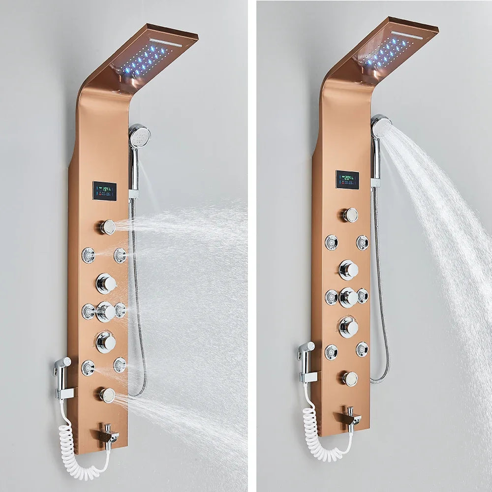 LED Light Bathroom Shower Panel with Intelligent LCD Display and 6 Modes for Rain