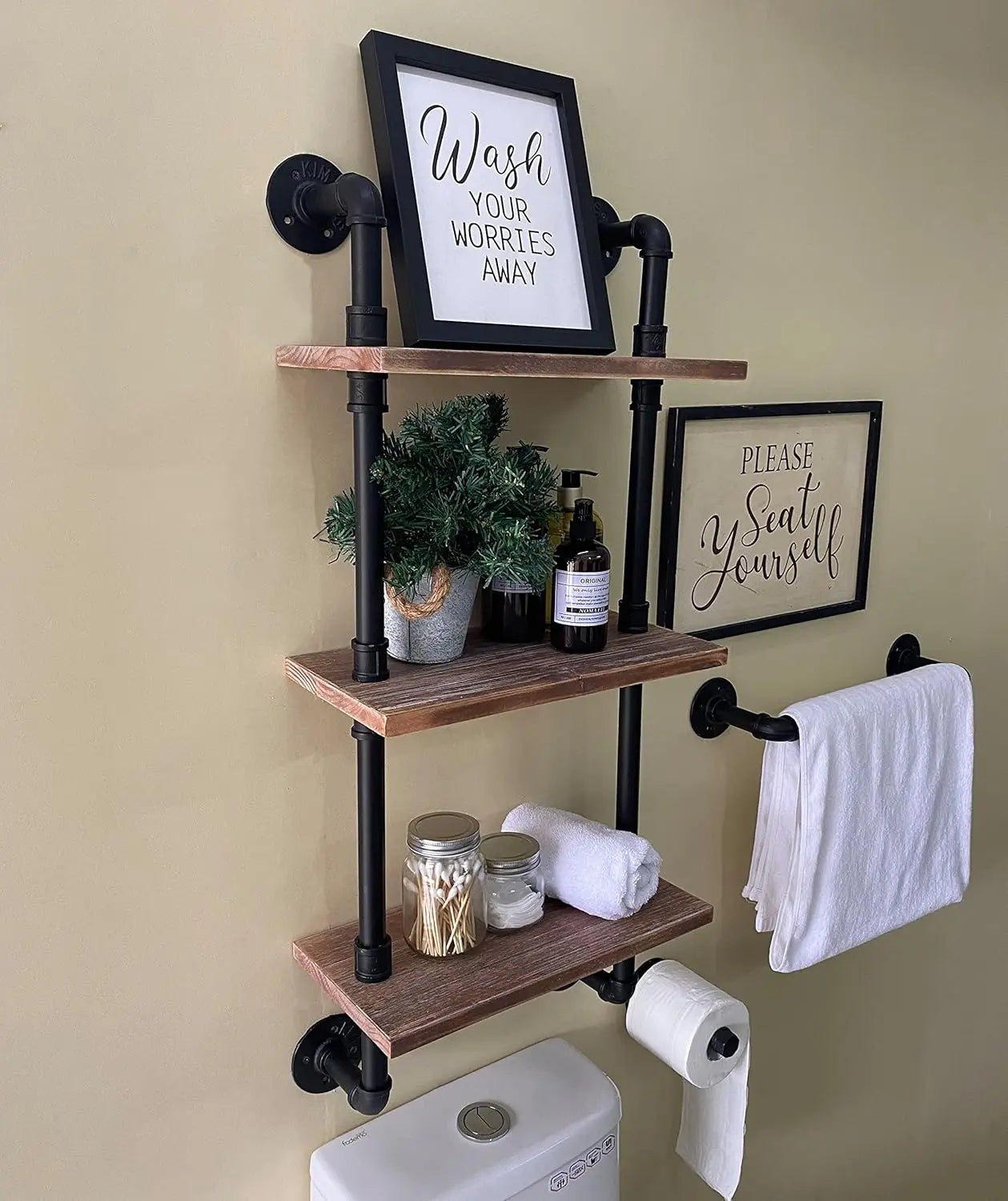 Industrial Pipe Floating Shelves – Solid Wood Wall-Mounted Storage for Bathroom, Living Room & Home Decor