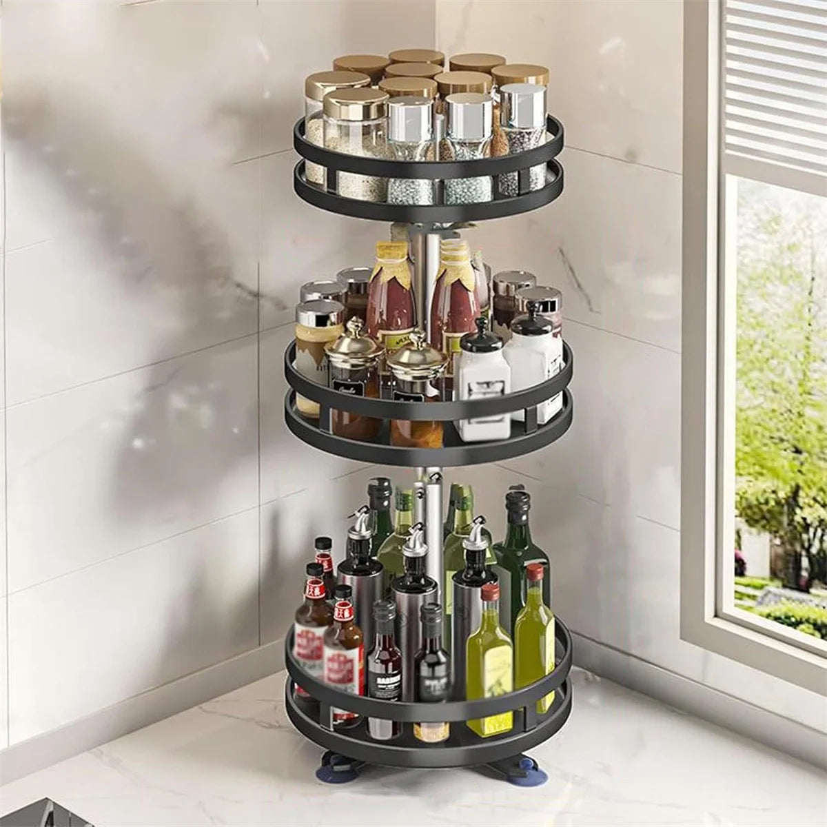 360° Rotation Spice Rack Organizer – Non-Skid Carbon Steel Storage Tray for Seasonings & Spices