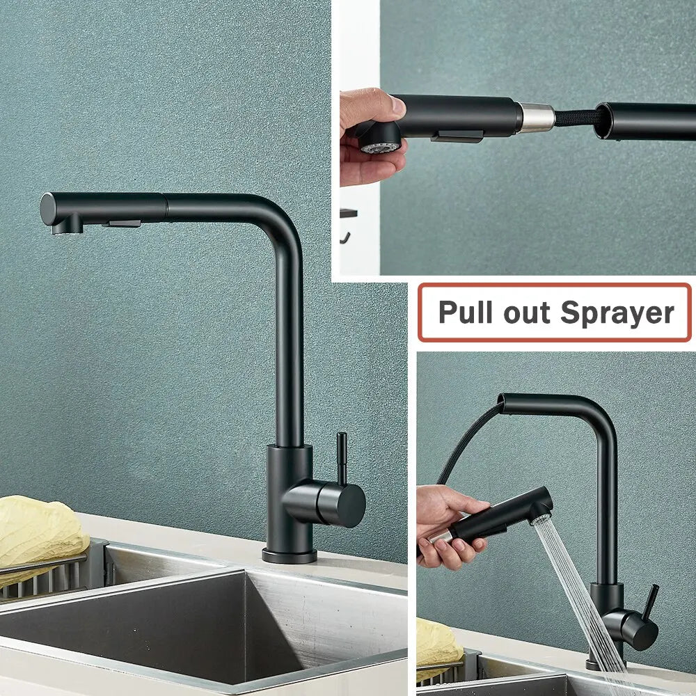 Black Pull-Out Kitchen Sink Faucet  Flexible 2 Modes Stream & Sprayer Nozzle Stainless Steel Hot/Cold Water Mixer