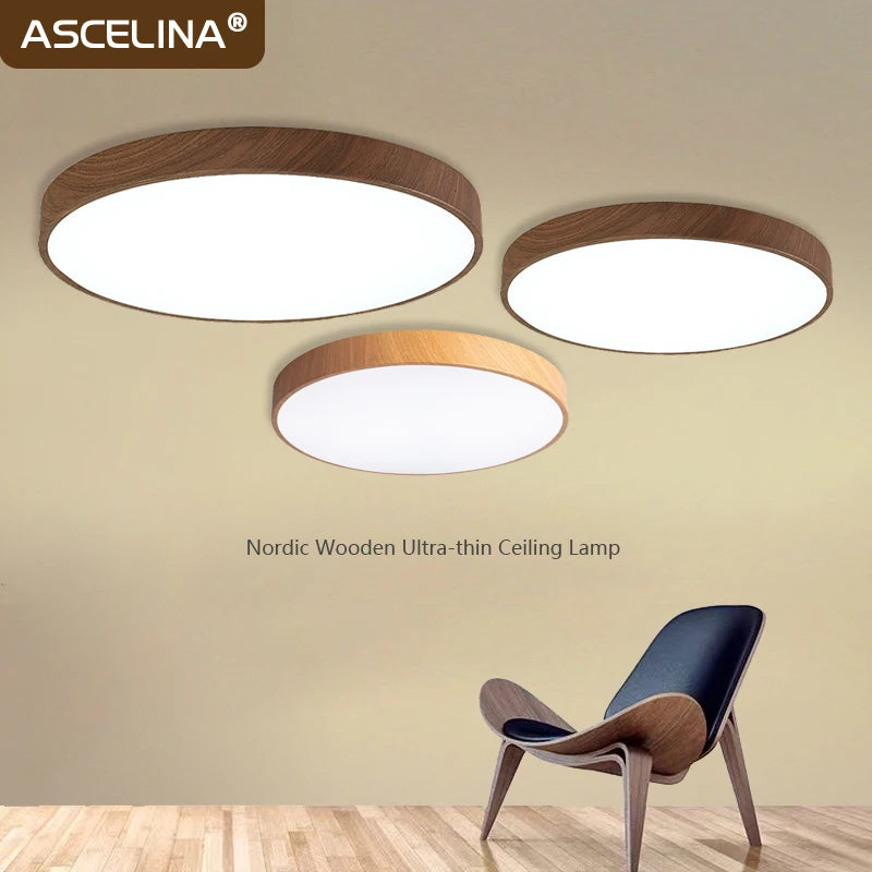 Nordic Ultra-Thin Wooden LED Ceiling Lamp – Modern Lighting for Bedroom, Living Room, and More