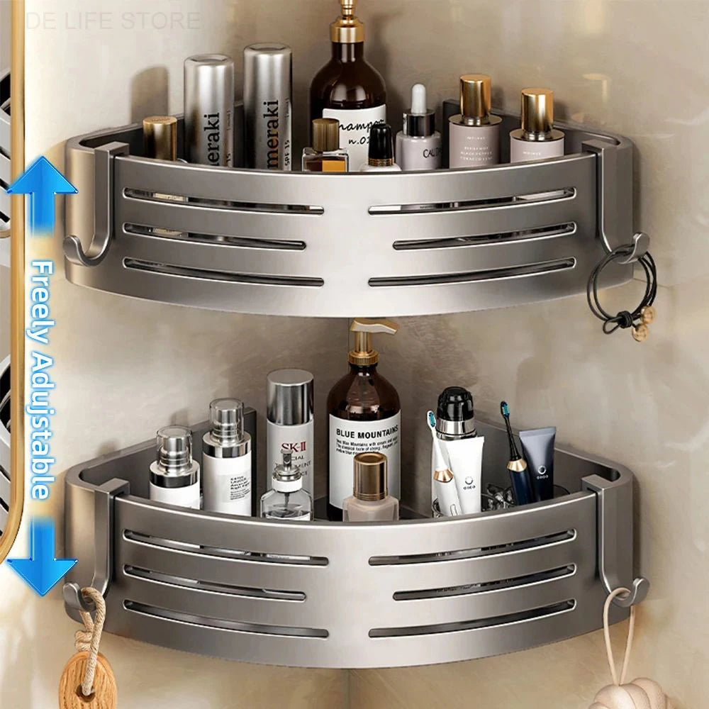 2 PCS Bathroom Corner Shelf with Plastic Hook & Towel Bar – No Drill Space Aluminum Shower Storage Rack