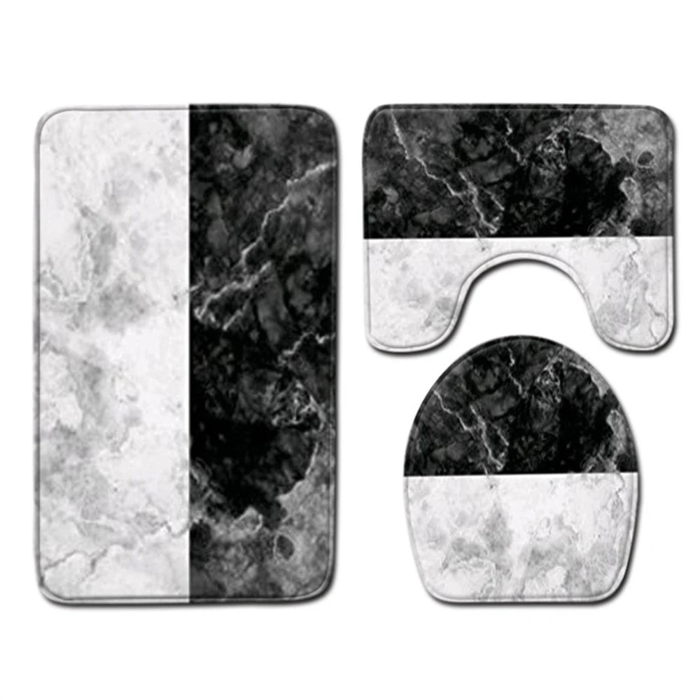 3PCS Marble Bath Mat Set – Anti-Slip Bathroom Rugs with Toilet Lid Cover & Pedestal Rug