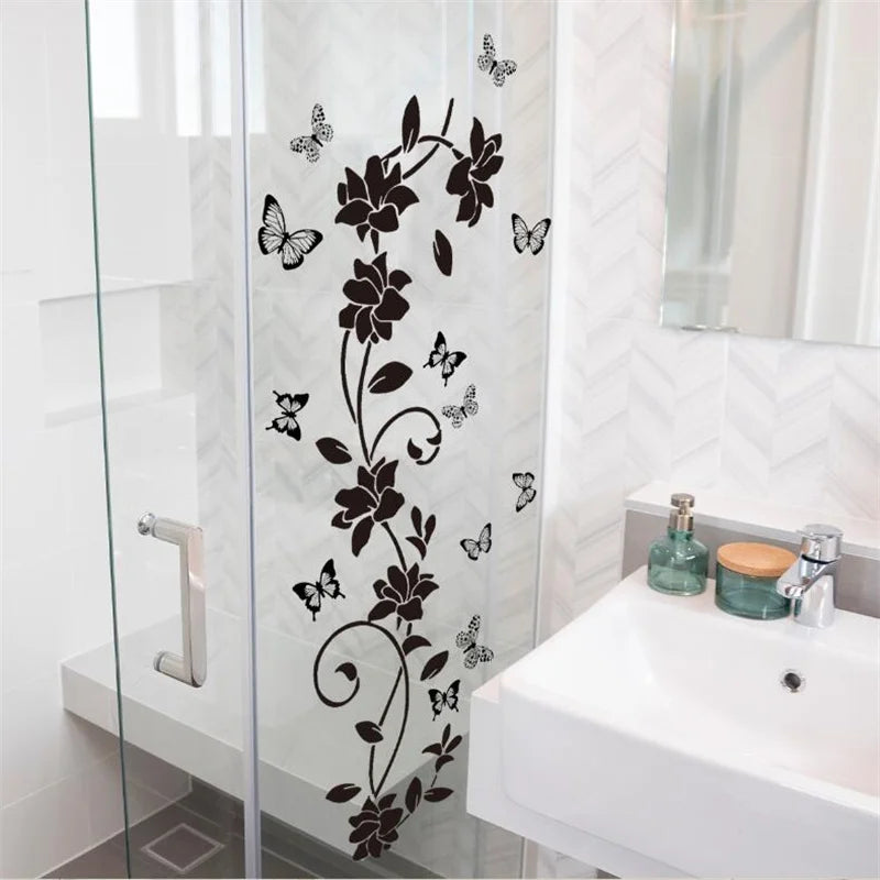 Black Floral Butterfly Wall Sticker – Self-Adhesive Bathroom Door, Bathtub, Bedroom Background Decor