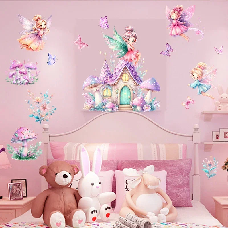 Cute Fairy Wall Stickers – Vinyl Princess & Mushroom Castle Decals for Kids' Nursery & Girls' Bedroom