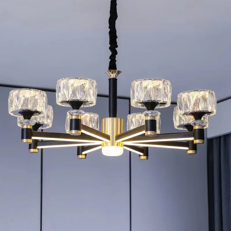 Nordic Luxury LED Crystal Chandelier in Gold and Black for Dining Room, Bedroom