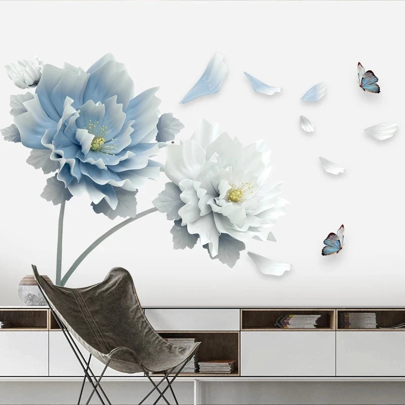 3D White & Blue Lotus Flower Wall Stickers – Removable Butterfly Decals for Home Décor