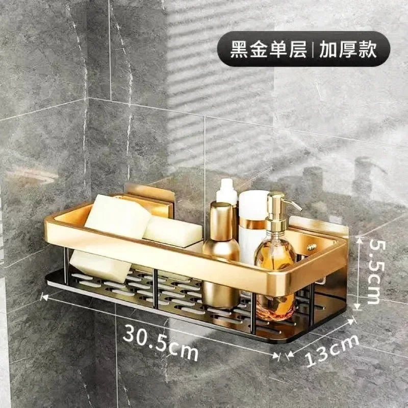 No-Drill Bathroom Storage Shelf – Aluminum Alloy Rectangular Wall-Mounted Basket with Hollow Drain Design