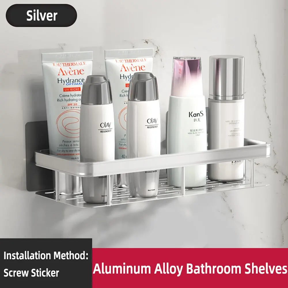 Wall-Mounted Aluminum Shampoo Rack – Bathroom Organizer with Towel Bar & Corner Shelf