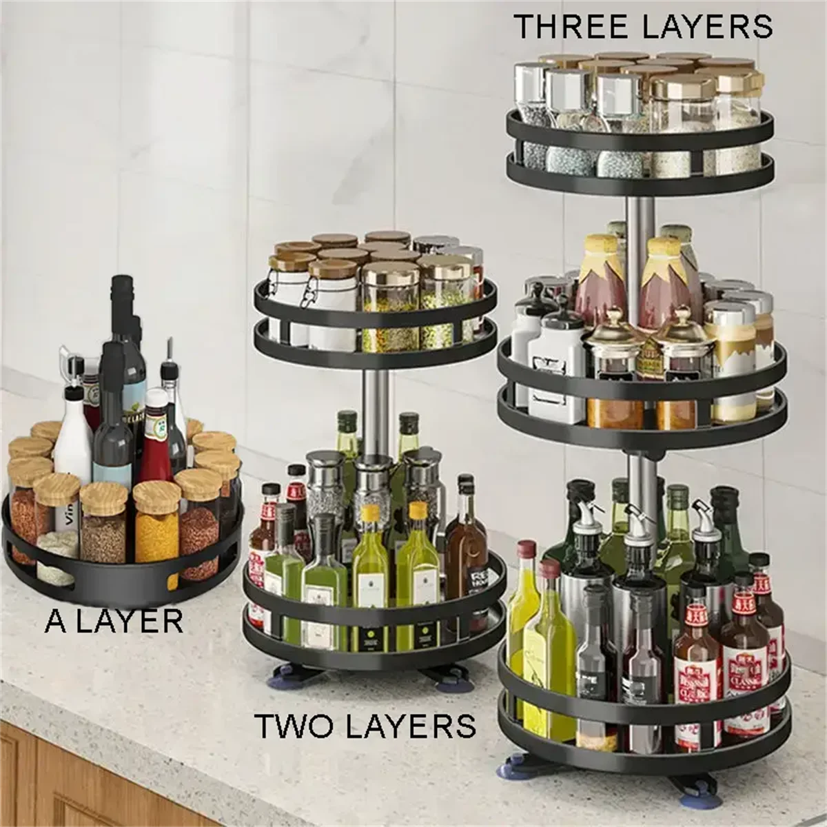 360° Rotation Spice Rack Organizer – Non-Skid Carbon Steel Storage Tray for Seasonings & Spices