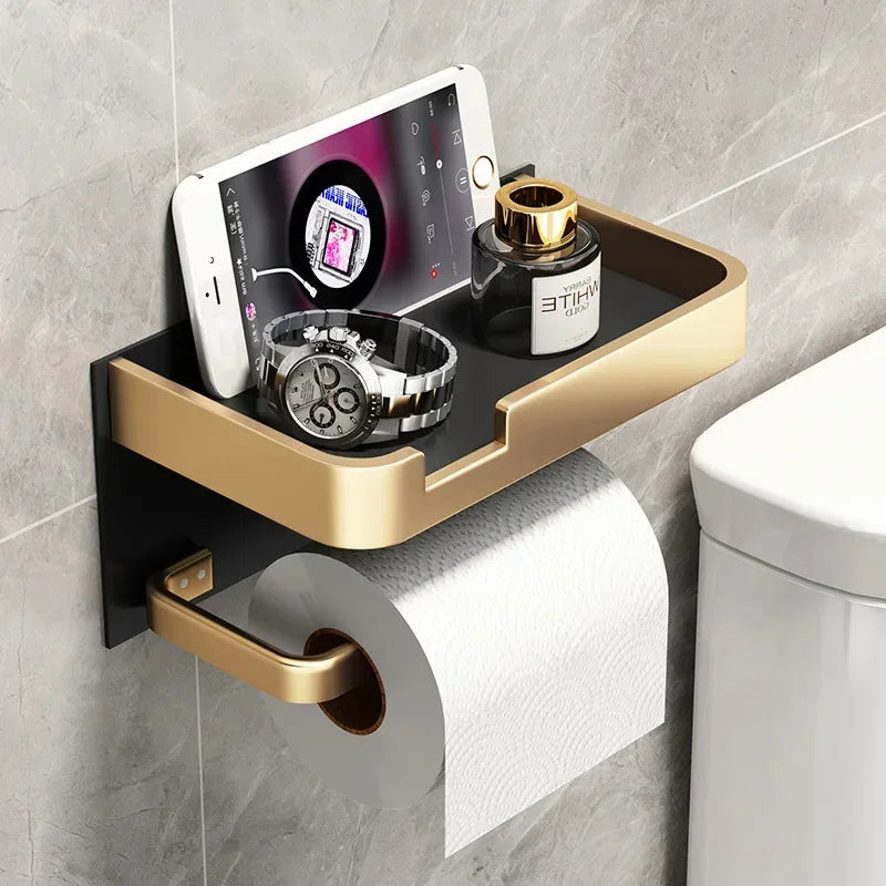 Black & Gold Wall-Mounted Toilet Paper Holder – Multifunctional Bathroom Shelf for Paper Roll & Phone Storage