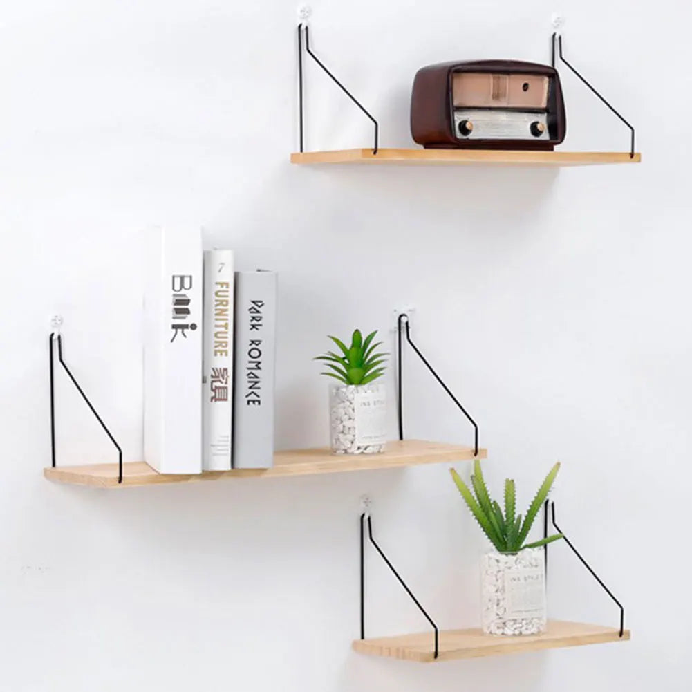 Floating Wall Shelf – Decorative Wooden Storage Rack with Metal Brackets