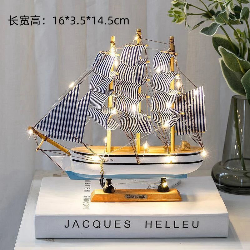 Pirate Ship Sailboat Model Wooden Small Boat Decoration with LED for Cake Ornaments & Tabletop, 16-20cm