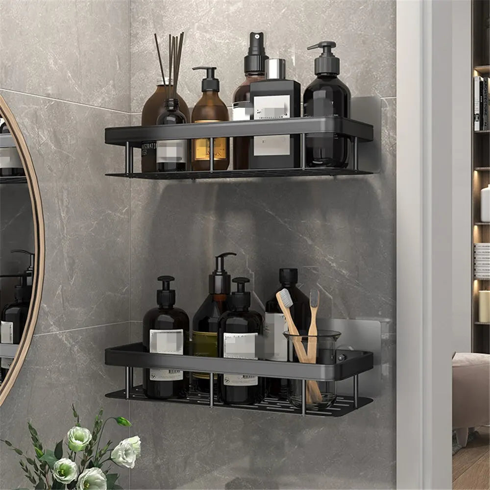 Punch-Free Wall-Mounted Bathroom Shelf – Space Aluminum Shampoo Storage Rack for Kitchen and Bathroom