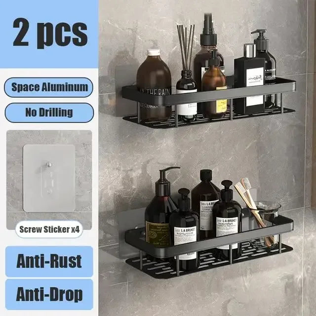 No-Drill Wall-Mounted Bathroom Shelf – Aluminum Shower & Toilet Storage Rack