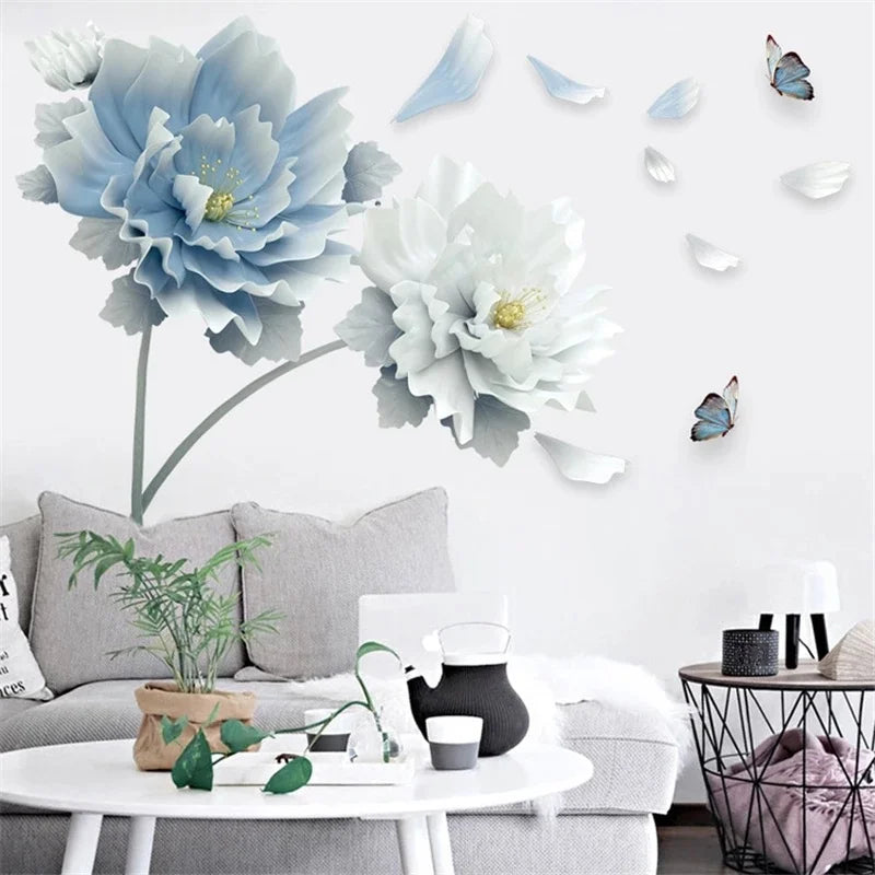 3D White & Blue Lotus Flower Wall Stickers – Removable Butterfly Decals for Home Décor