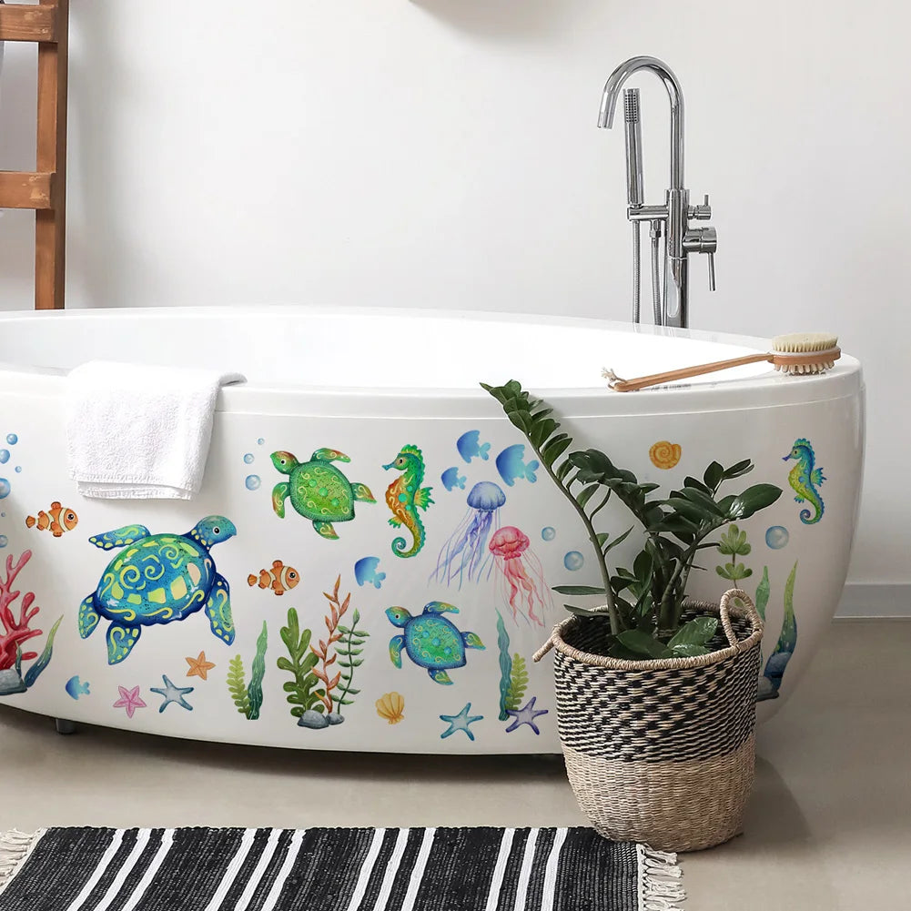 Cartoon Sea Turtle & Seahorse Wall Stickers – Self-Adhesive Marine Animal Décor for Kids' Rooms & Bathrooms