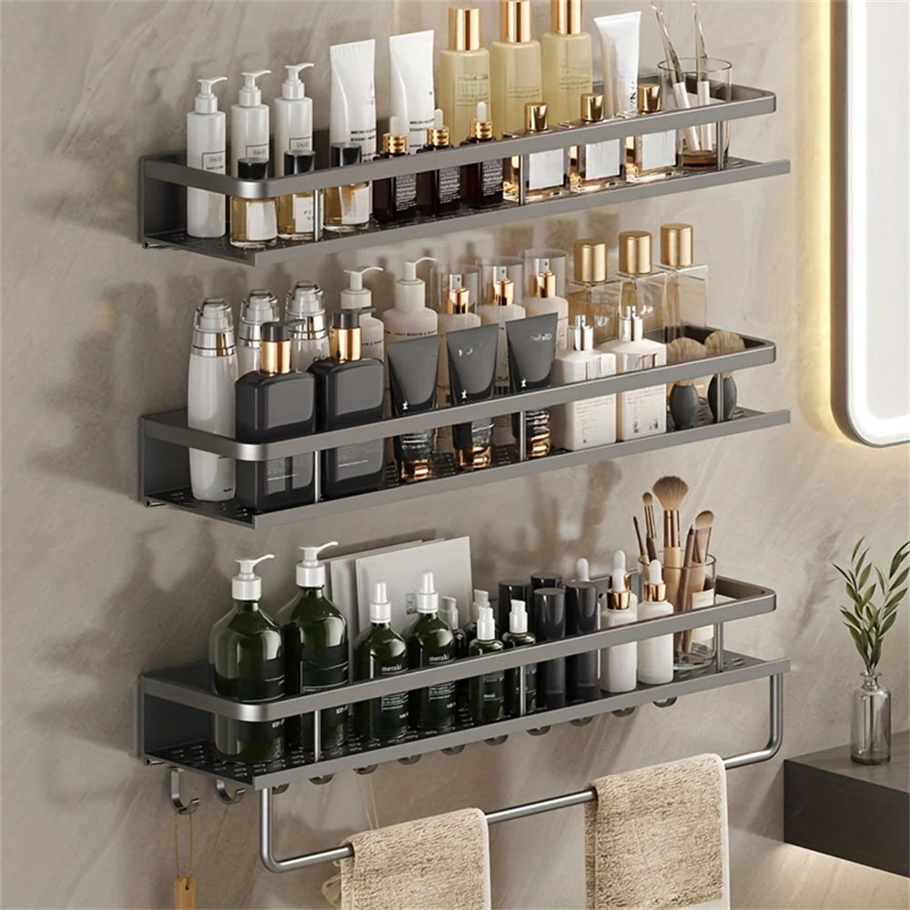 Wall-Mounted Multi-Functional Storage Rack Bathroom Organizer with Hook Bar