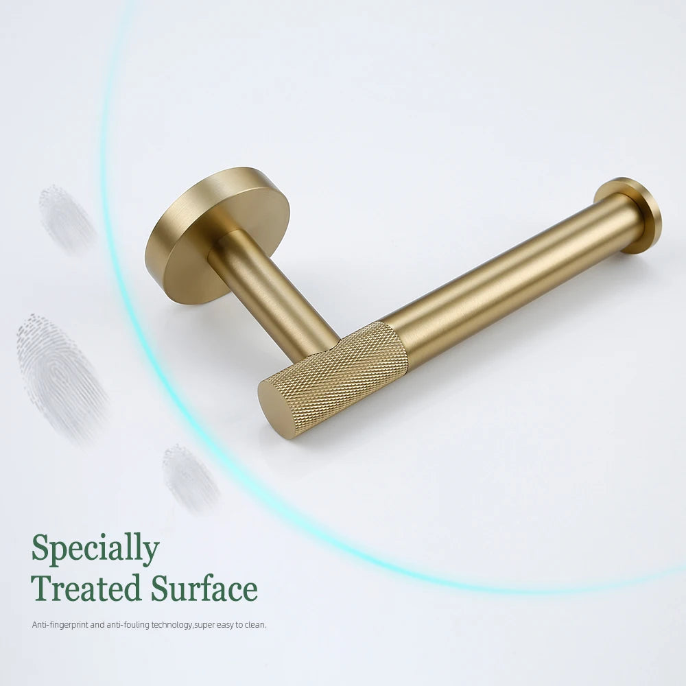 Brushed Gold Bathroom Accessories Set - Towel Bar, Bath Robe Hook, Tissue Holder & Knurled Brass Hardware