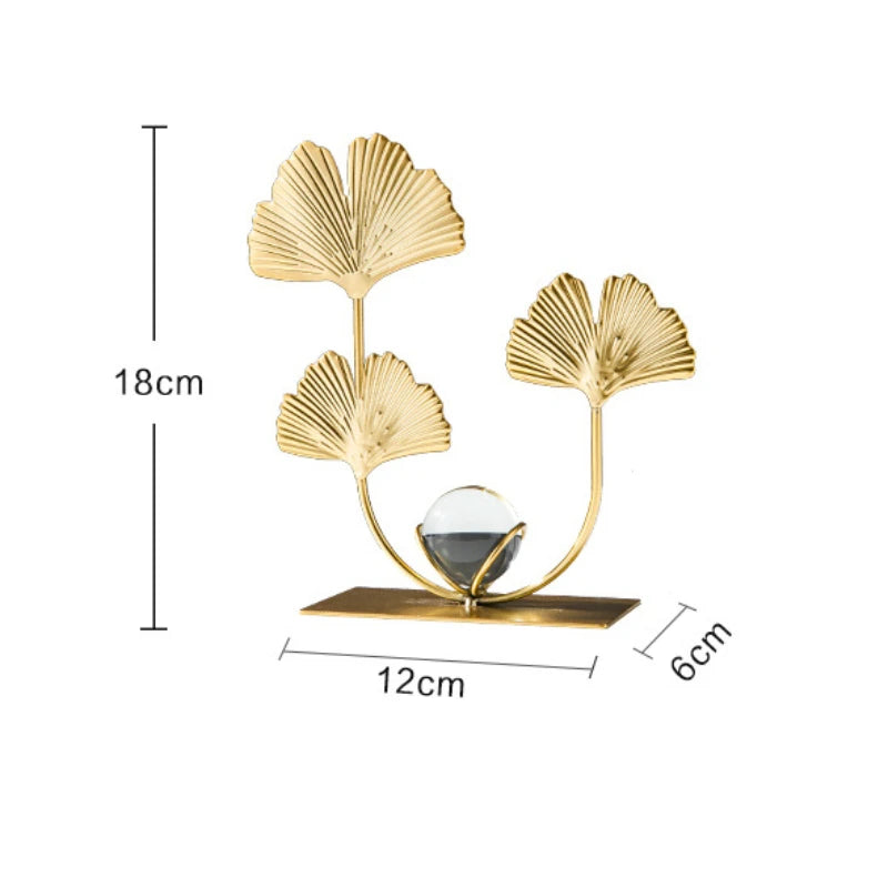 Gold Ginkgo Leaf Iron Crafts – Luxury Crystal Ball Ornaments for Living Room, TV Cabinet & Wine Cabinet Decoration