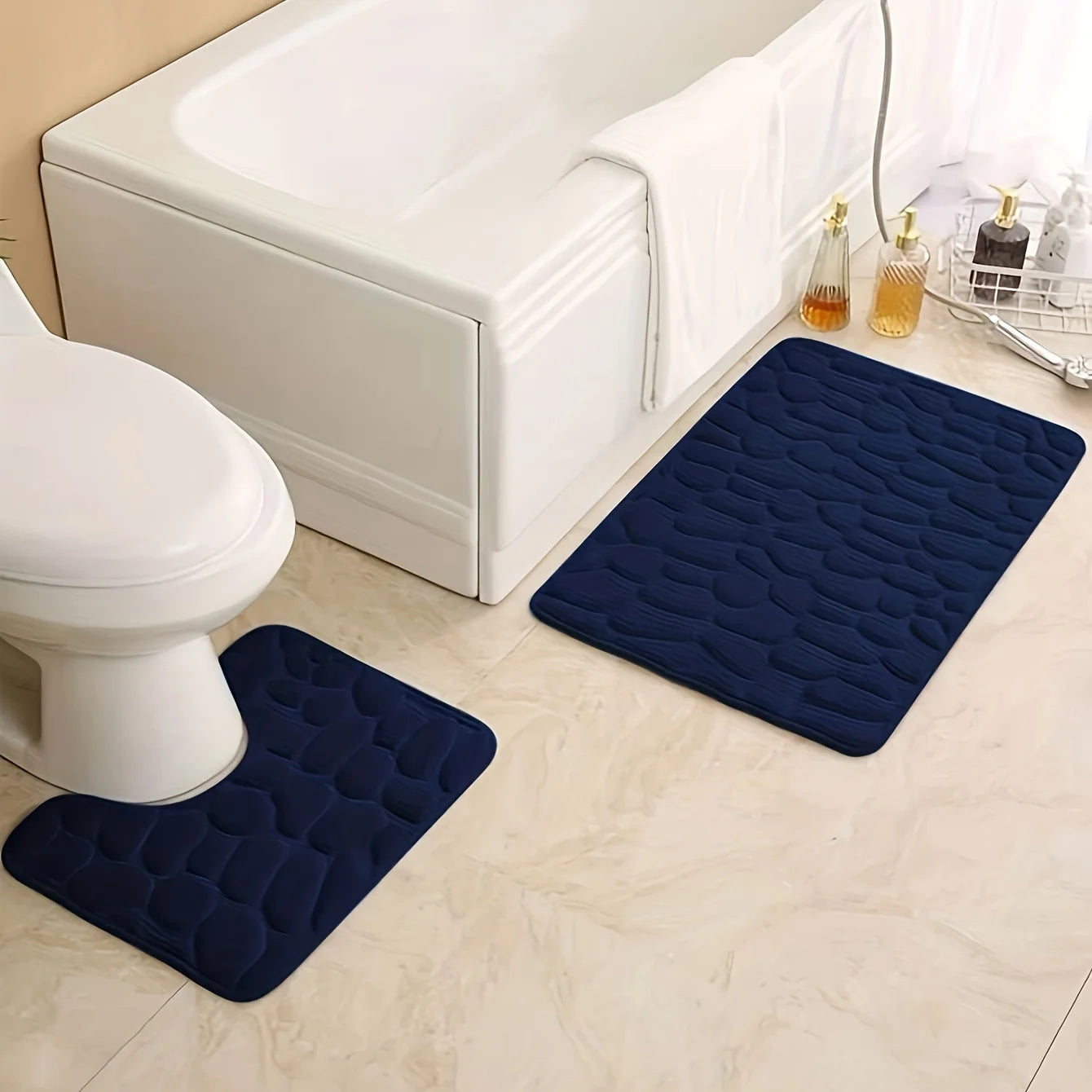 2PC Embossed Stone Pattern Toilet Mat Set – Non-Slip, Absorbent Microfiber Bathroom Mats