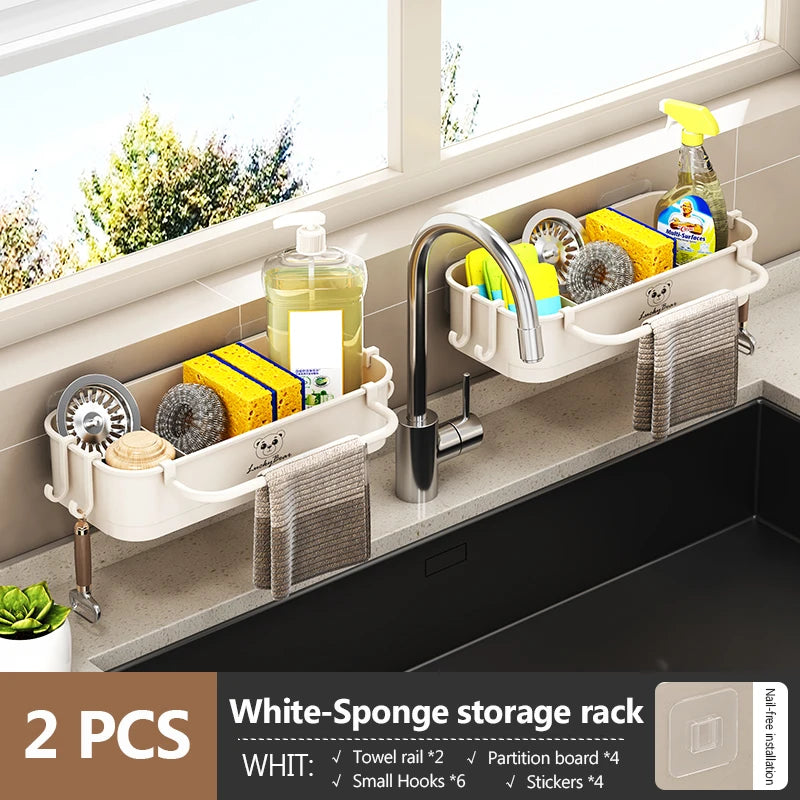 Kitchen Sink Caddy – Sponge Holder with Hooks, Divider & Soap Dispenser Brush Organizer