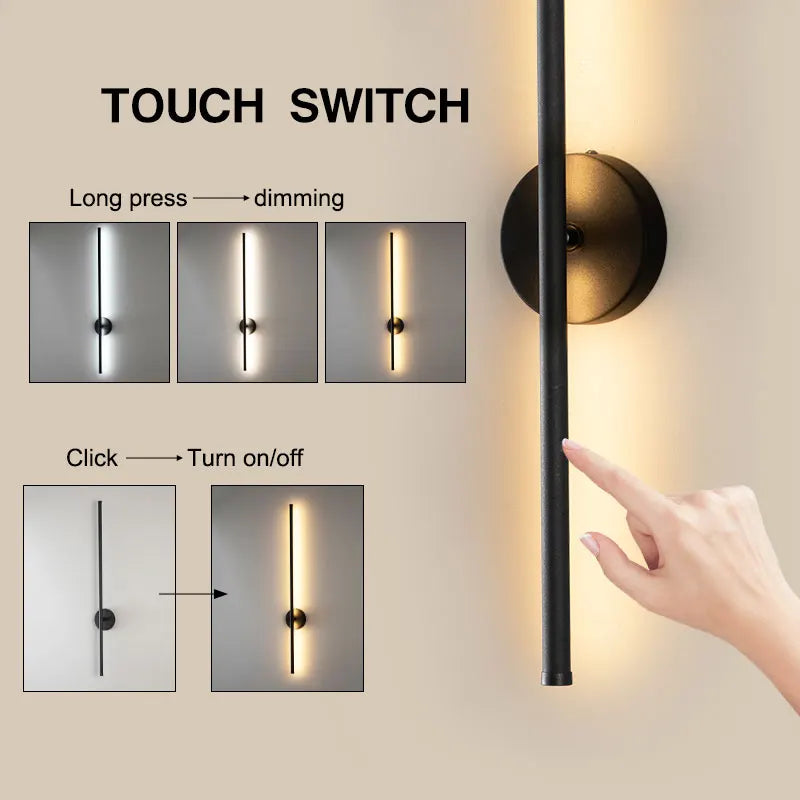 Black Touch Switch Dimmable LED Wall Lamp – 360° Rotatable Modern Wall Sconce for Bedroom & Living Room