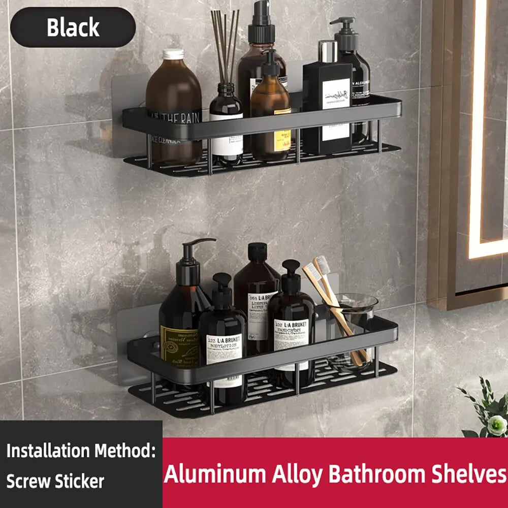 Wall-Mounted Aluminum Shampoo Rack – Bathroom Organizer with Towel Bar & Corner Shelf