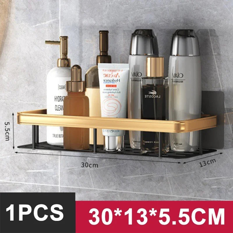 No-Drill Aluminum Bathroom & Kitchen Shelf – Wall-Mounted Shower & Storage Organizer