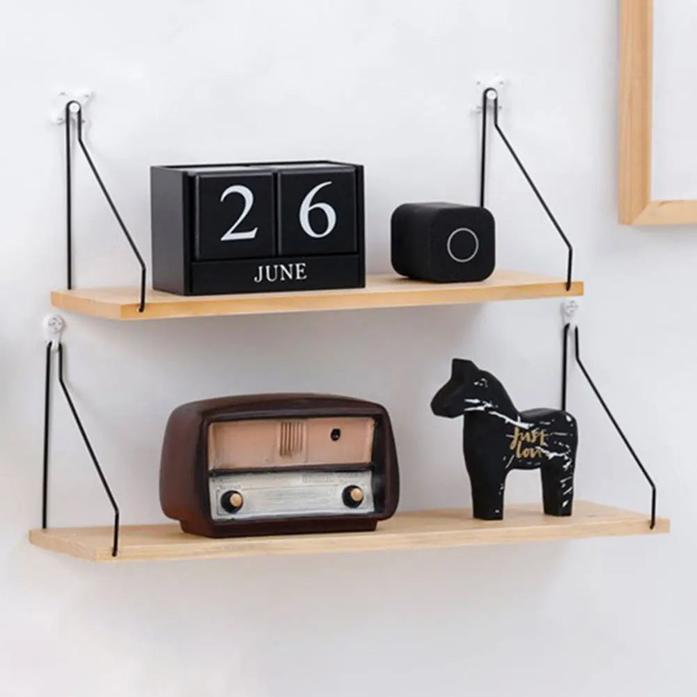 Floating Wall Shelf – Decorative Wooden Storage Rack with Metal Brackets