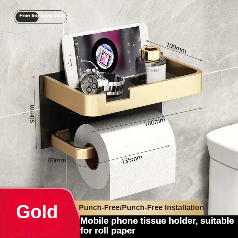 Black & Gold Wall-Mounted Toilet Paper Holder – Multifunctional Bathroom Shelf for Paper Roll & Phone Storage