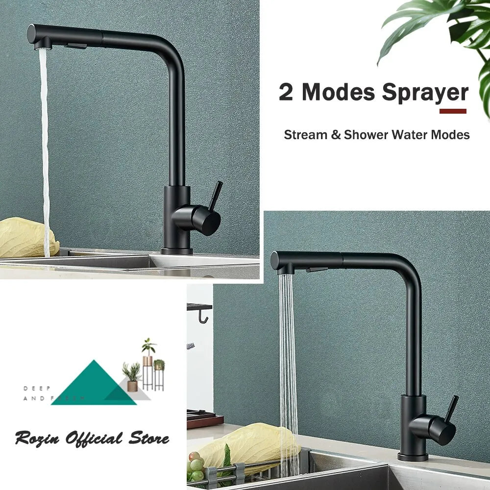 Black Pull-Out Kitchen Sink Faucet  Flexible 2 Modes Stream & Sprayer Nozzle Stainless Steel Hot/Cold Water Mixer