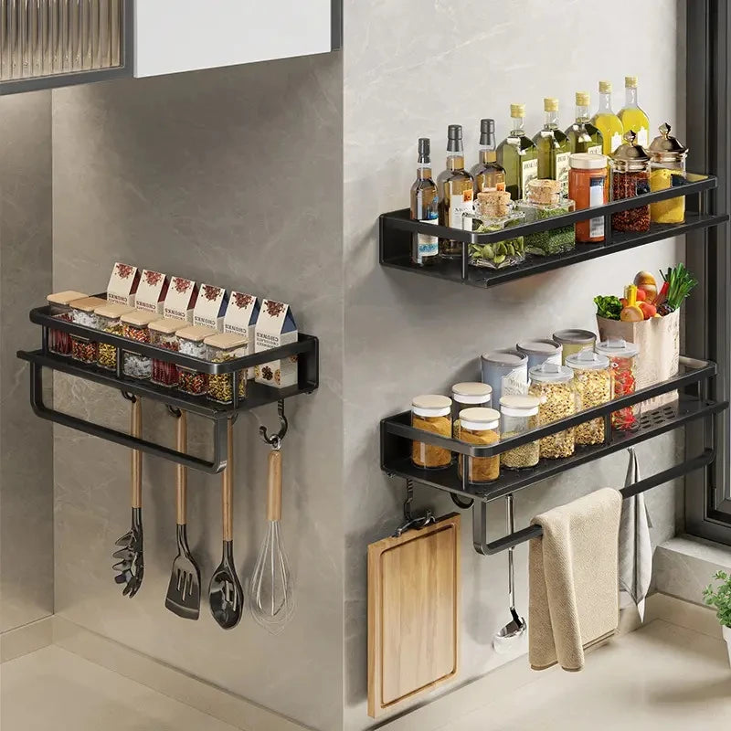 Kitchen Shelf Spice Storage Rack Wall-Mounted with Spatula, Spoon Hooks & Towel Bar