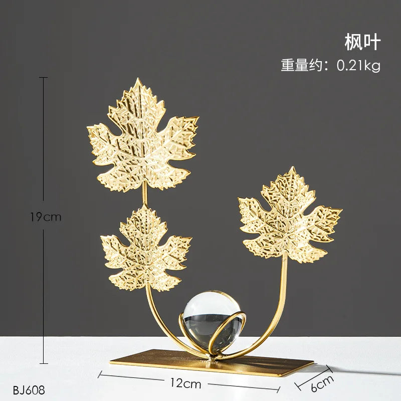 Gold Ginkgo Leaf Iron Crafts – Luxury Crystal Ball Ornaments for Living Room, TV Cabinet & Wine Cabinet Decoration