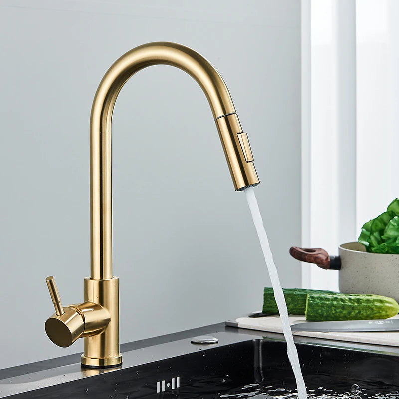 Brushed Gold Pull Out Kitchen Faucet Single Handle Mixer Tap 360° Rotation