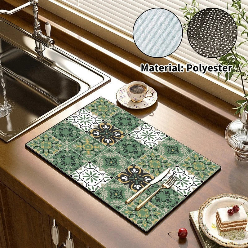 Retro-Style Absorbent Dish Drying Mat – Crystal Velvet Drainage Pad for Kitchen & Bathroom