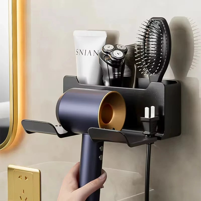 Wall-Mounted Hair Dryer Holder & Straightener Organizer – Dual Tier Hairdryer Cradle Storage Shelf for Bathroom Accessories