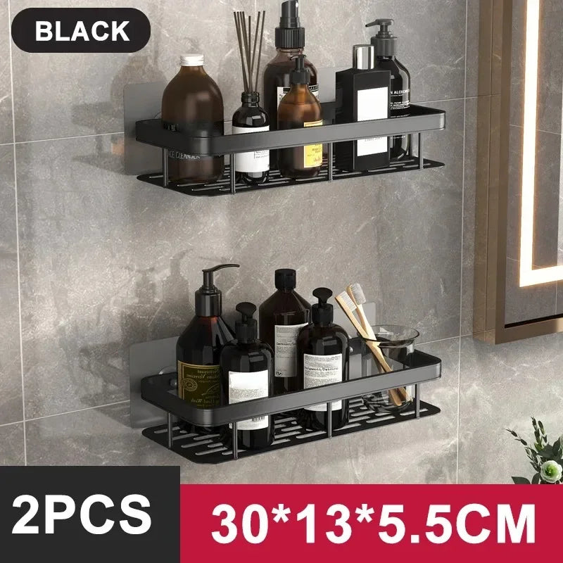 No-Drill Aluminum Bathroom & Kitchen Shelf – Wall-Mounted Shower & Storage Organizer