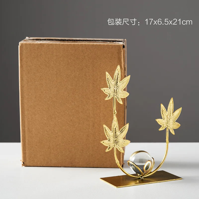 Gold Ginkgo Leaf Iron Crafts – Luxury Crystal Ball Ornaments for Living Room, TV Cabinet & Wine Cabinet Decoration