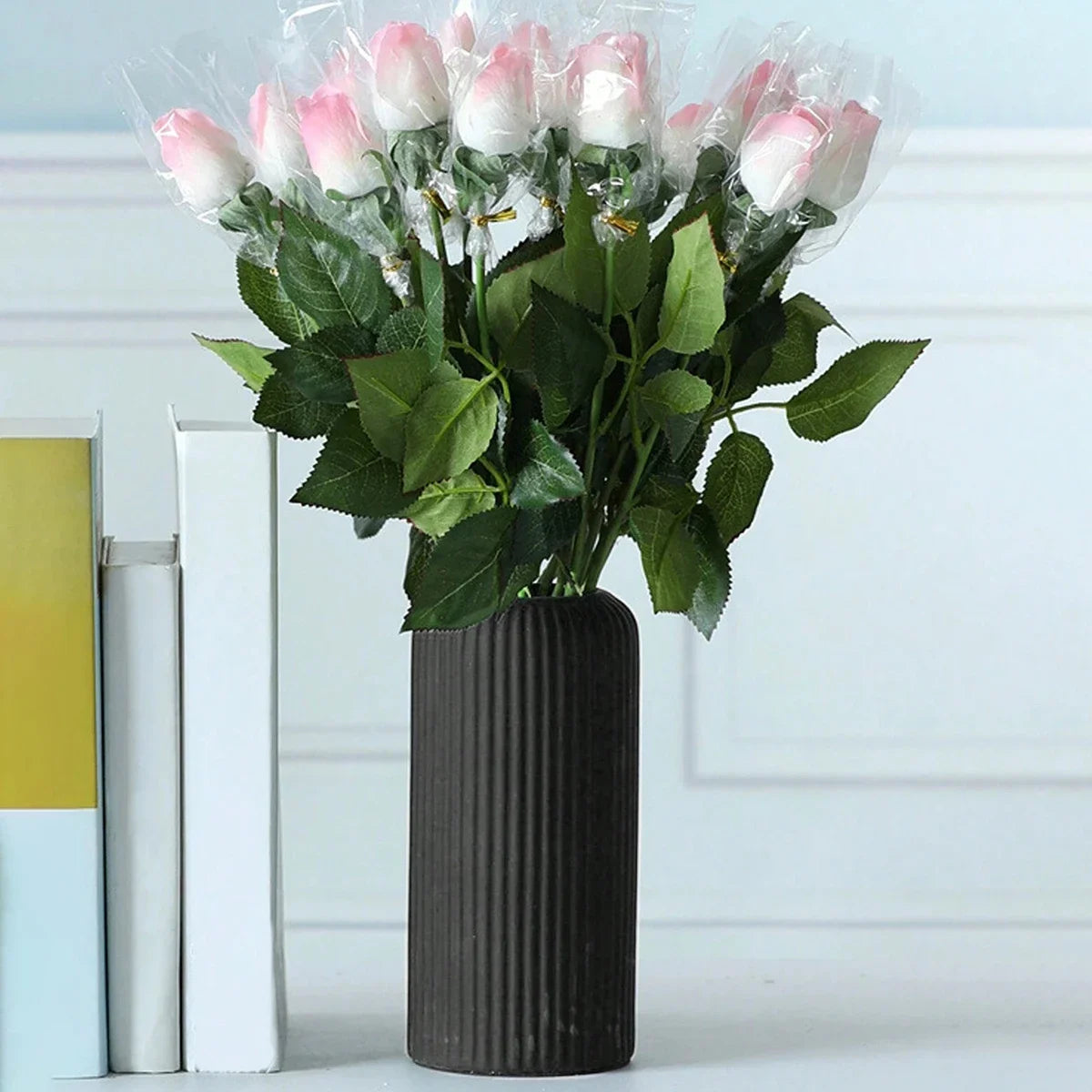 Striped Ceramic-Style Plastic Vase - Decorative Flower Arrangement Display