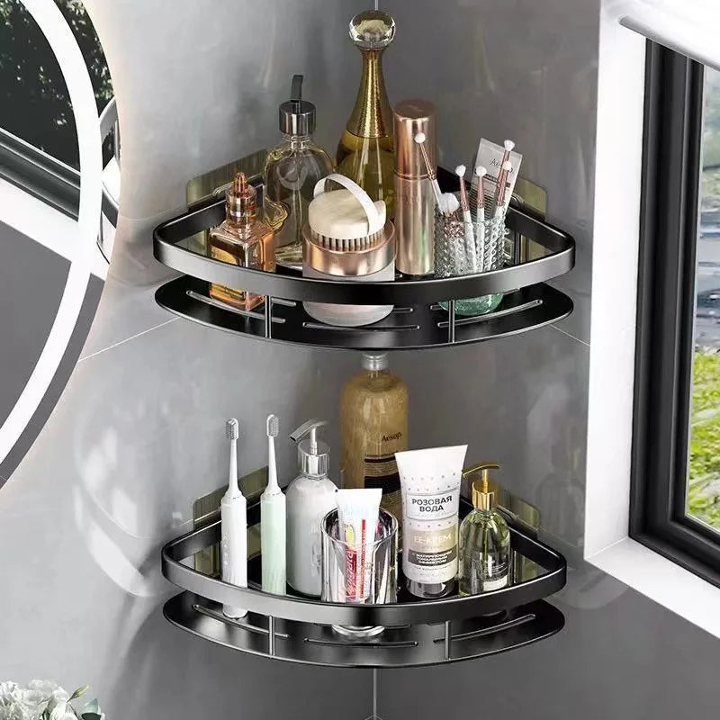 Wall-Mounted Aluminum Bathroom Shelf – No-Drill Shower Organizer for Shampoo, Makeup & Corner Storage