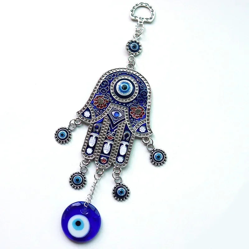 Iron Geometric Wall Hanging – Fatima Hand with Blue Eye Wind Chime for Meditation and Yoga Healing