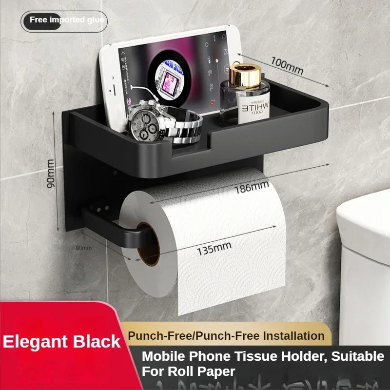 Black & Gold Wall-Mounted Toilet Paper Holder – Multifunctional Bathroom Shelf for Paper Roll & Phone Storage