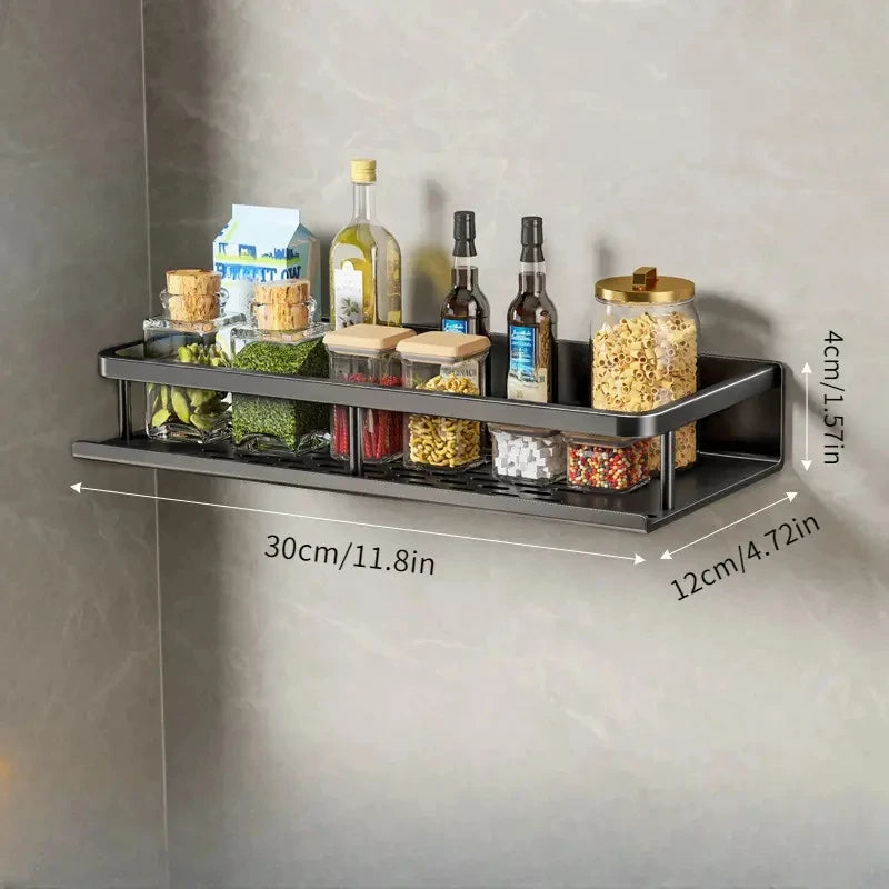 Kitchen Shelf Spice Storage Rack Wall-Mounted with Spatula, Spoon Hooks & Towel Bar