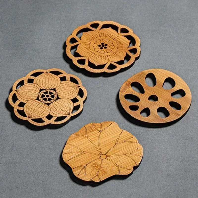 Creative Lotus Flower Drink Coasters – Bamboo Round Cup Mats for Tea, Coffee, & Mug Placemat