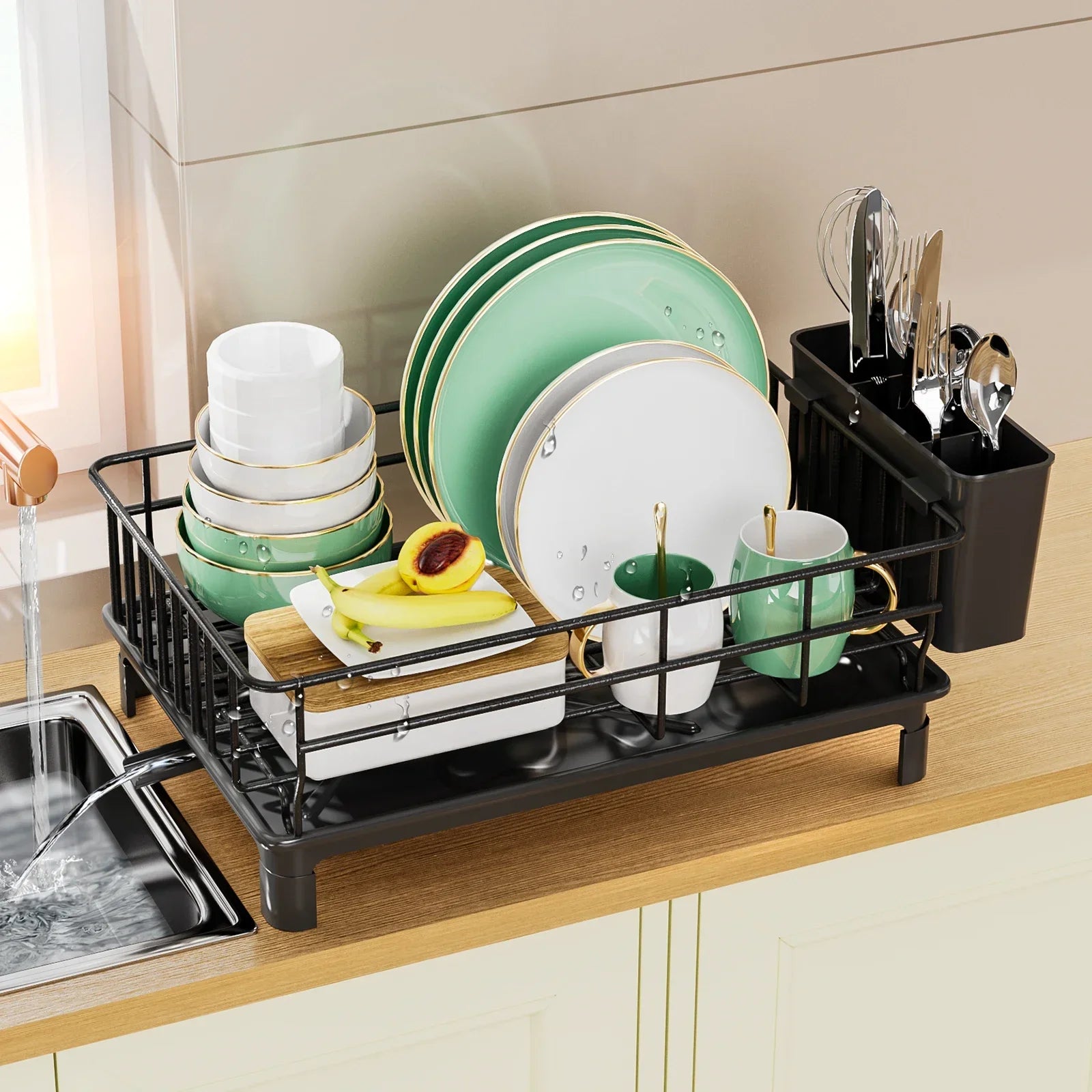 Dish Drying Rack with Drain Tray – Kitchen Countertop Organizer with Cutlery & Cup Holder